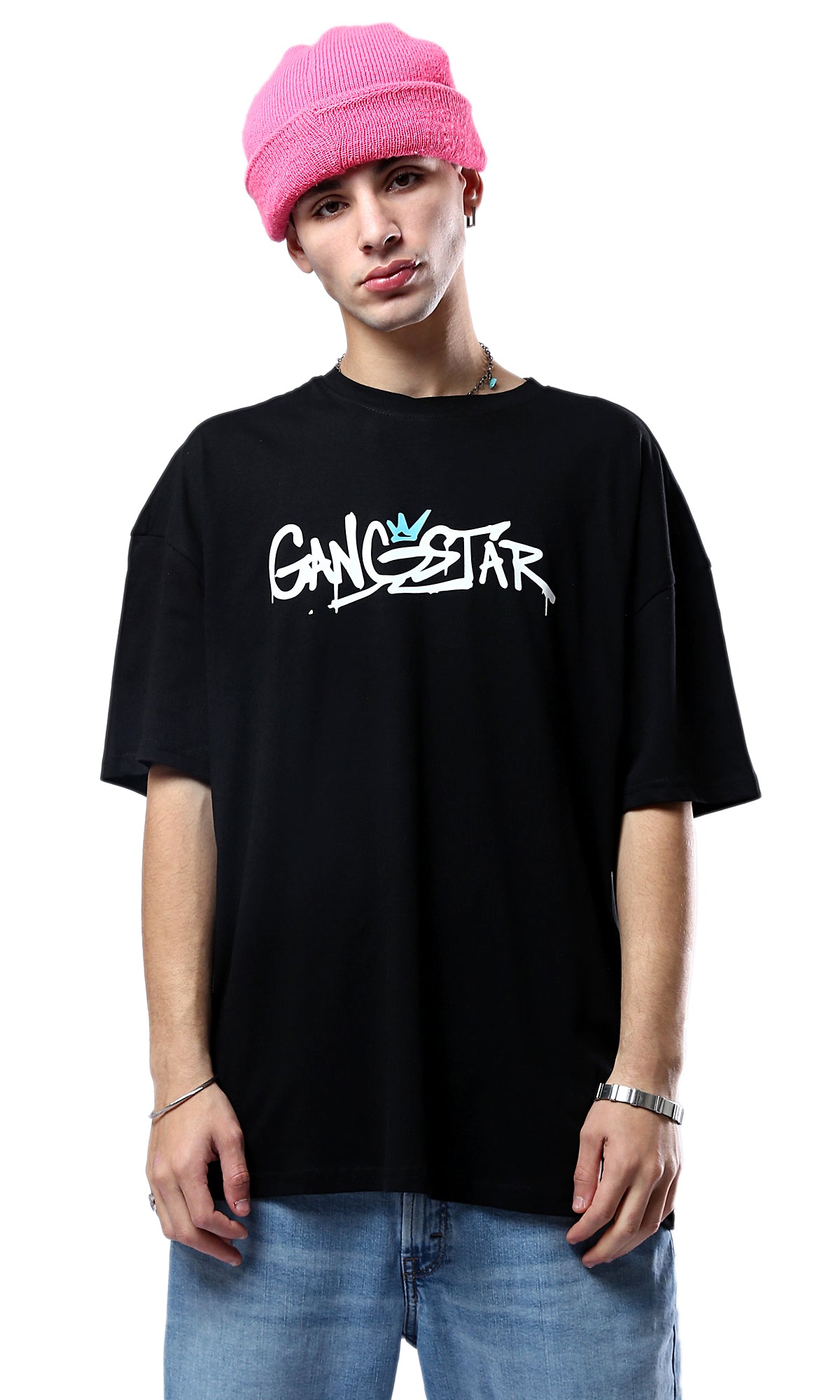 O178388 Slip On Relaxed Fit Printed "Gangstar" Black Tee