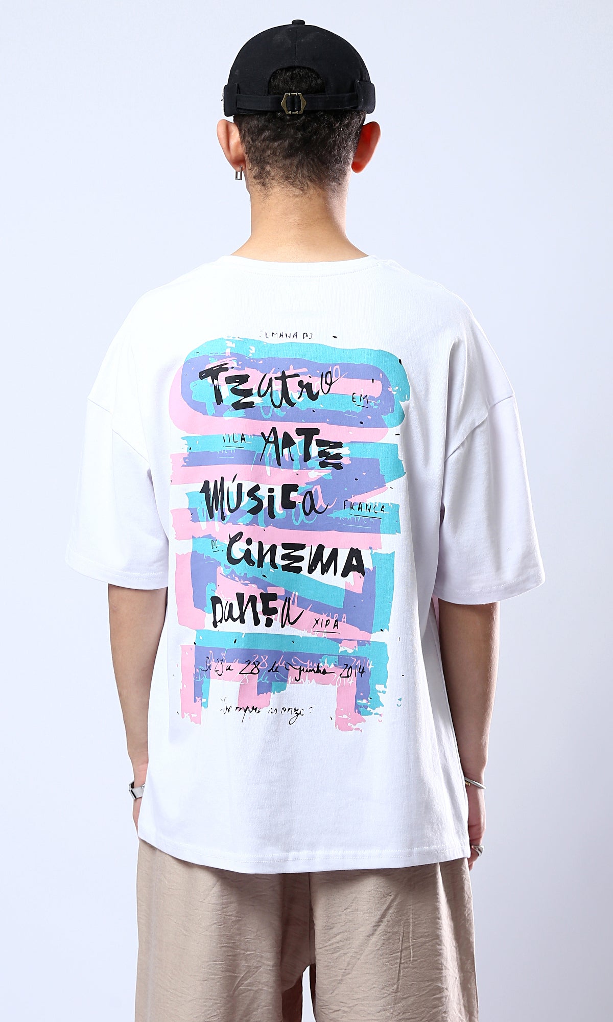 O178405 White Front Print & Back Cotton Casual Tee