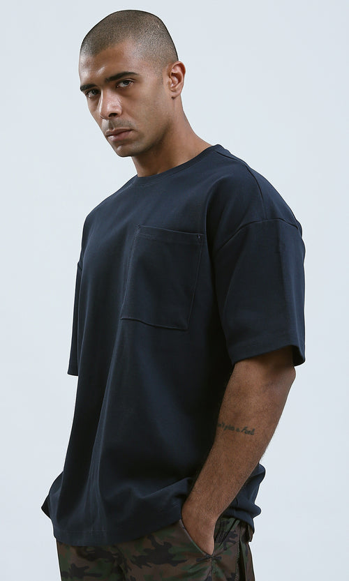 Urban Oversized Navy Crew-Neck Pocket Tee - O182414