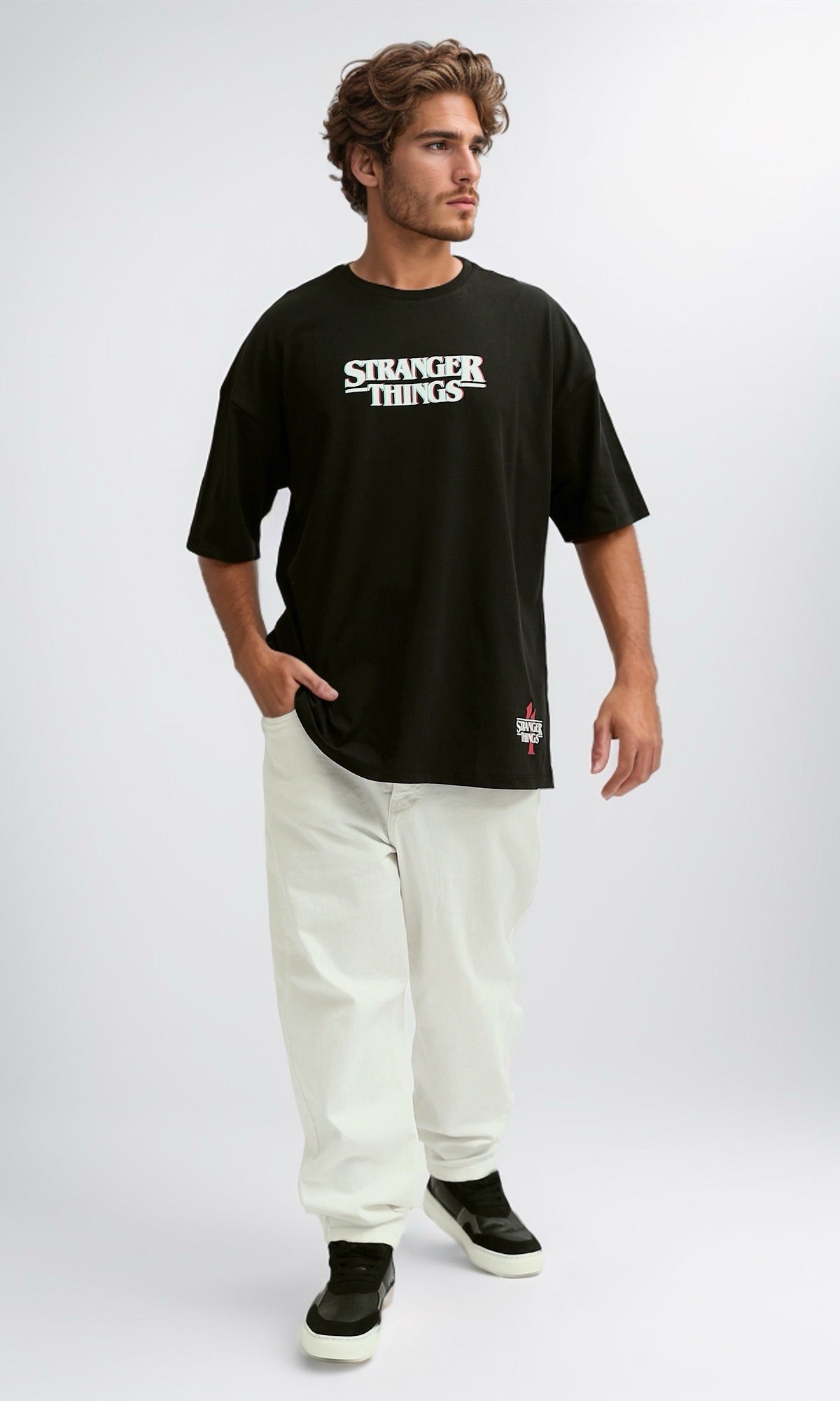 O182430 Black Casual Tee With Elbow-Sleeves
