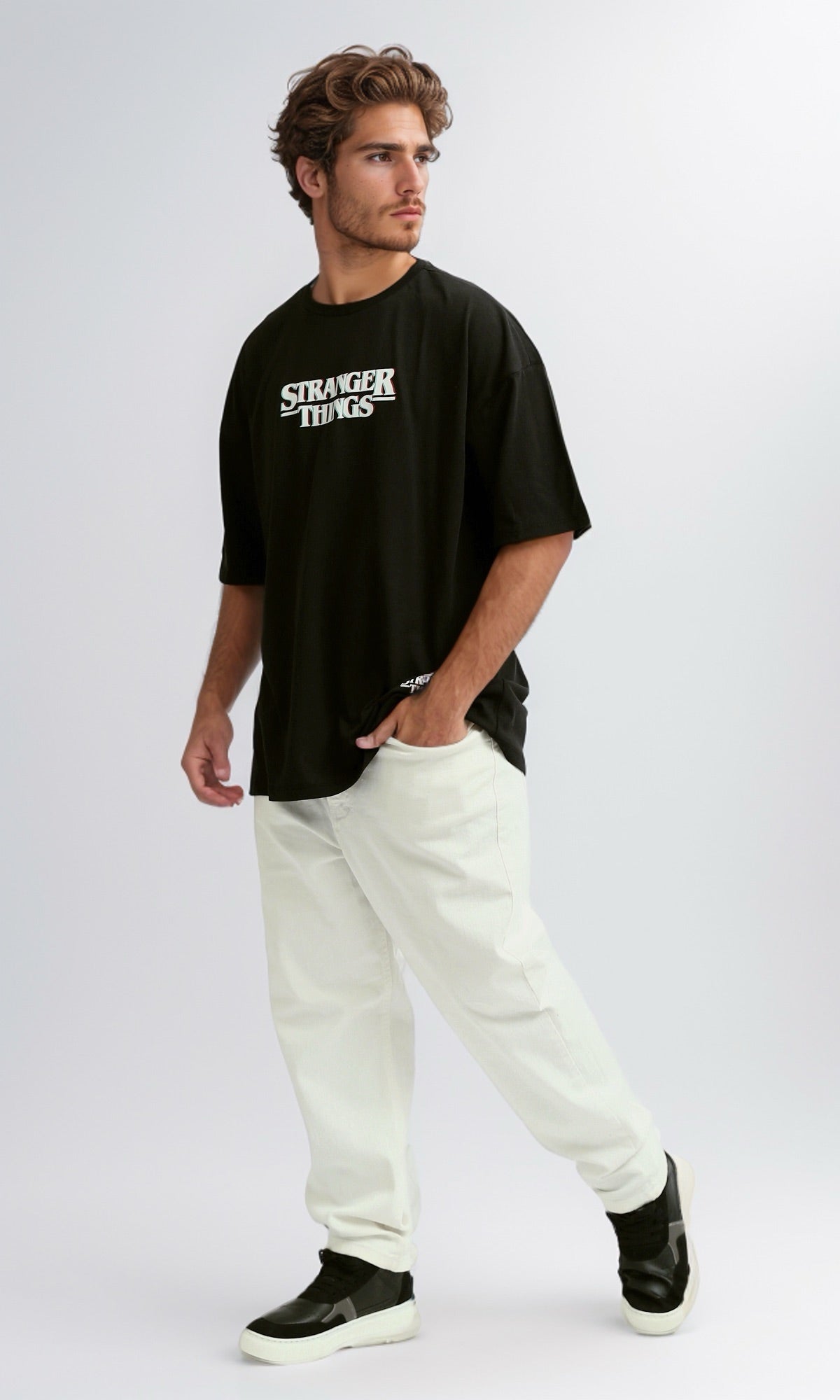 O182430 Black Casual Tee With Elbow-Sleeves
