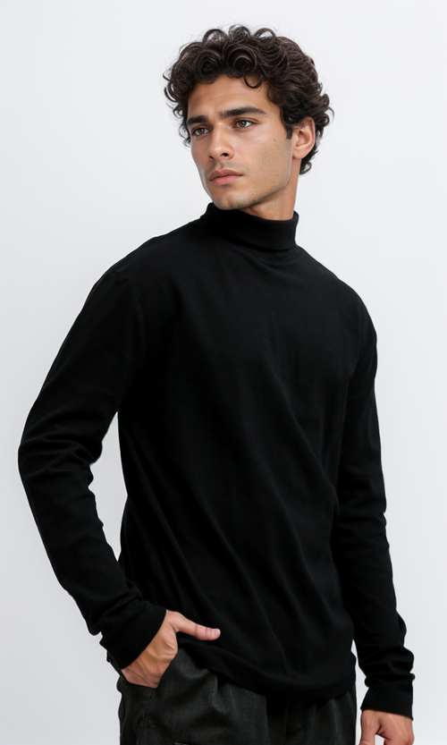 Sleek Black Mock Neck Long Sleeve T-Shirt - O188765