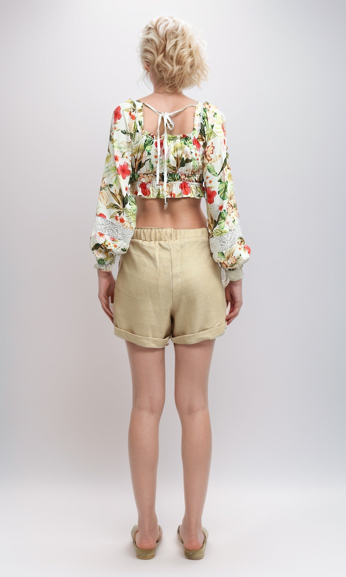 Tropical Floral Lace-Trimmed Cropped Top - O193477