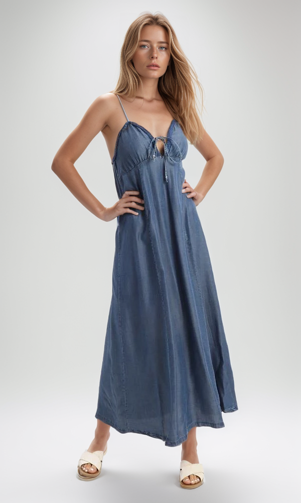 53381 Adjustable Braided Spaghetti Sleeves Blue Jeans Maxi Dress