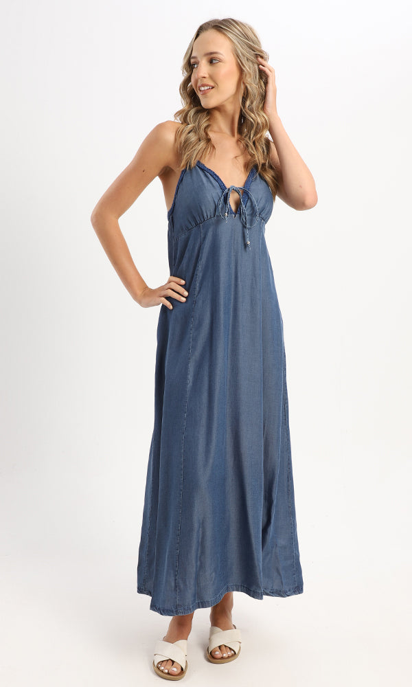 53381 Adjustable Braided Spaghetti Sleeves Blue Jeans Maxi Dress