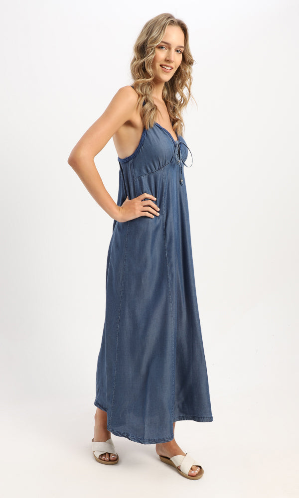 53381 Adjustable Braided Spaghetti Sleeves Blue Jeans Maxi Dress