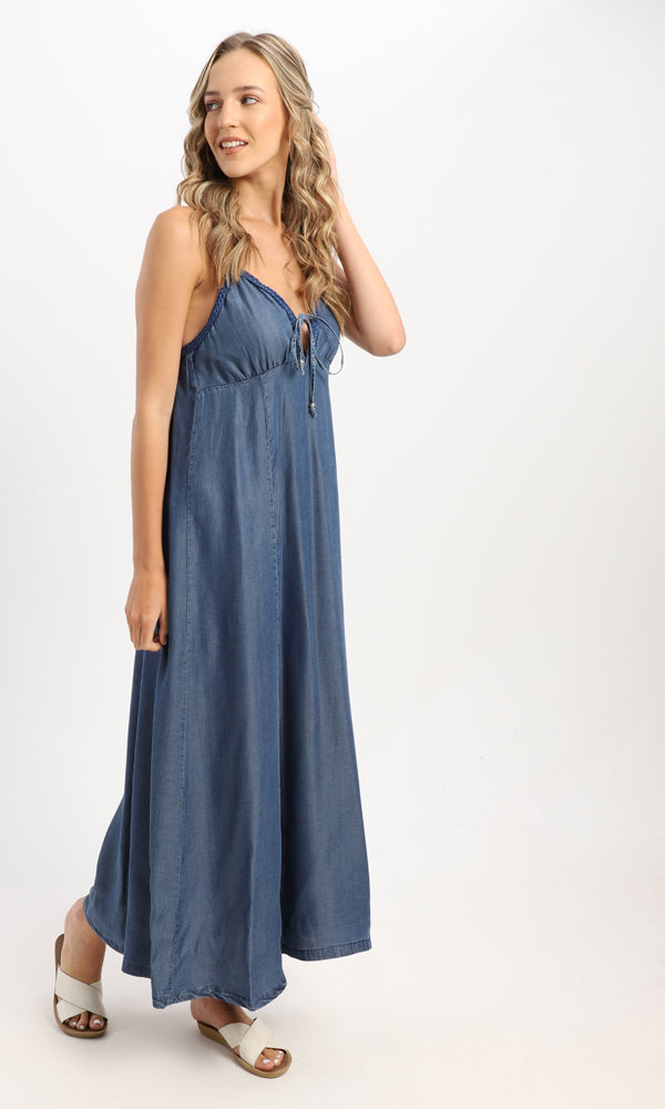 53381 Adjustable Braided Spaghetti Sleeves Blue Jeans Maxi Dress