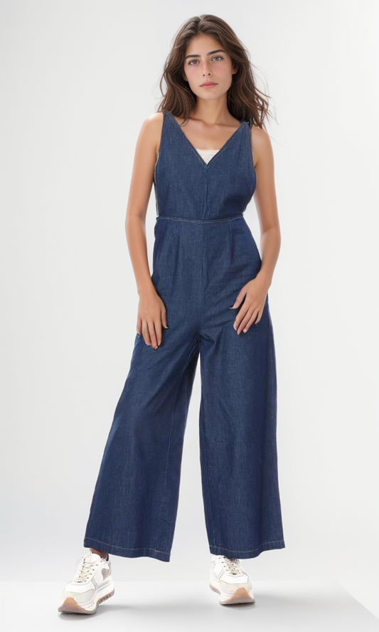 53446 V-Neck Spaghetti Sleeves Dark Blue Denim Jumpsuit