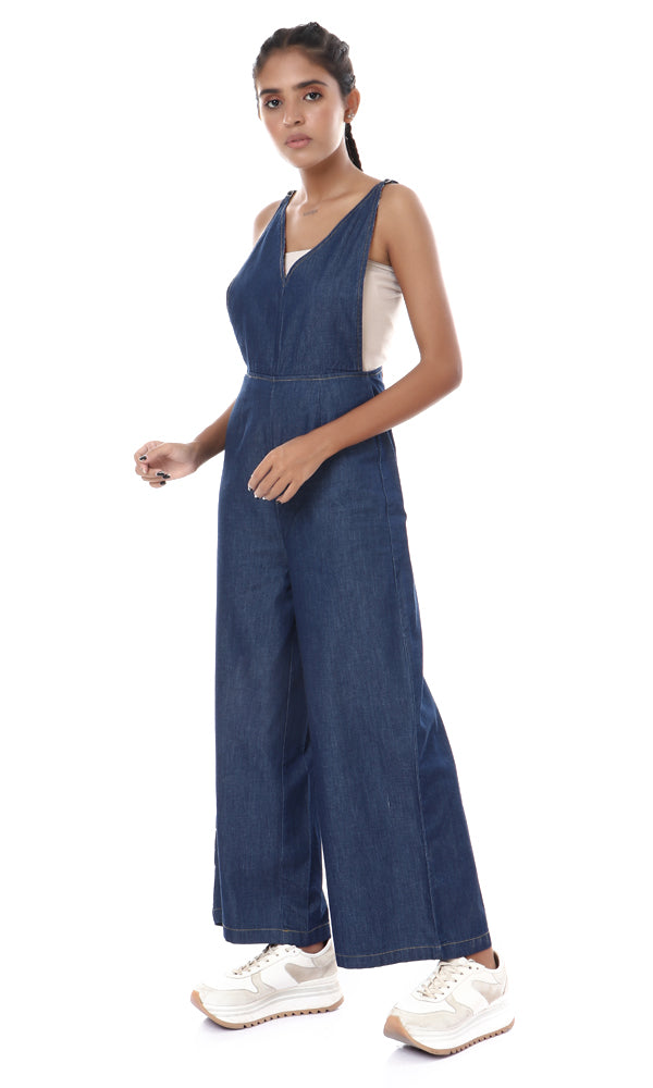 53446 V-Neck Spaghetti Sleeves Dark Blue Denim Jumpsuit