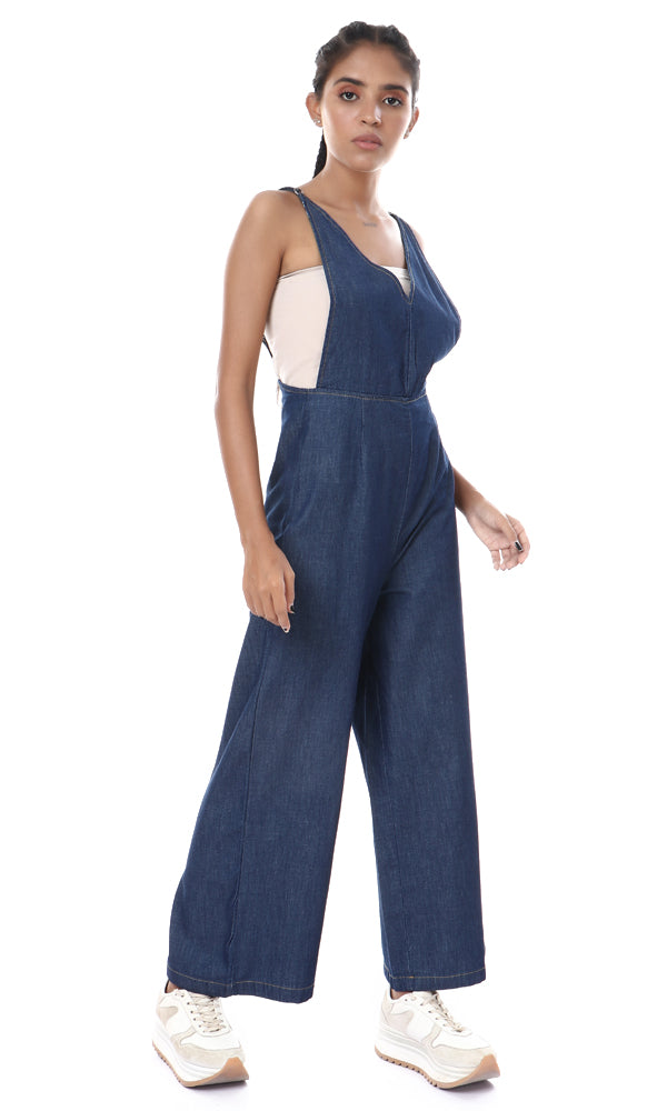 53446 V-Neck Spaghetti Sleeves Dark Blue Denim Jumpsuit