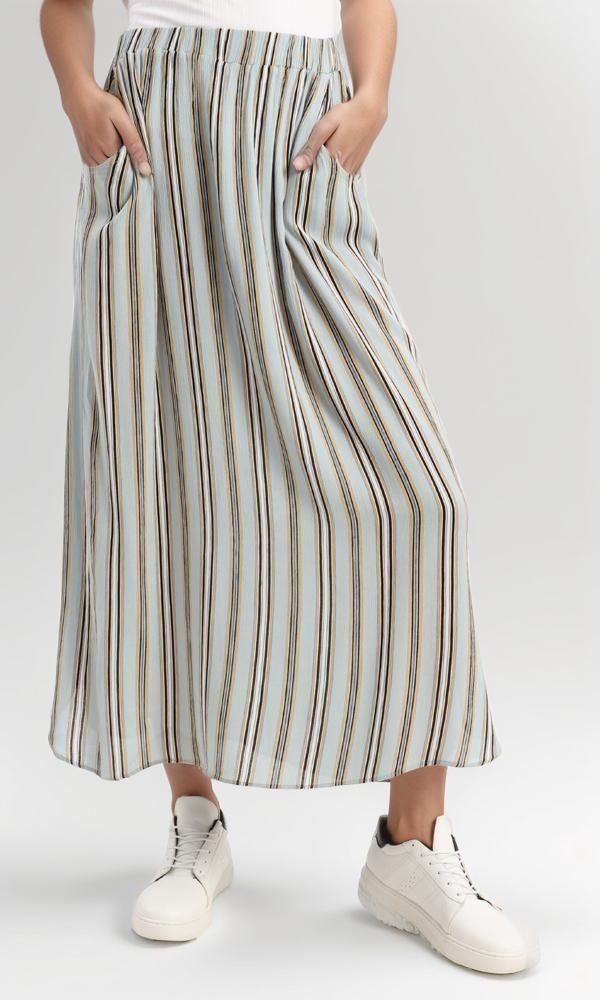 54191 Balanced Striped Midi Skirt With Side Pockets - Mint & Orange