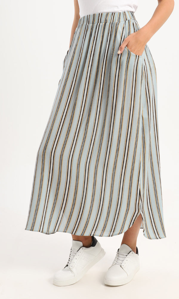 54191 Balanced Striped Midi Skirt With Side Pockets - Mint & Orange