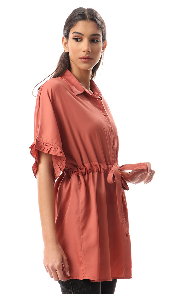 56567 Waist Drawstring Short Sleeves Long Shirt - Oxide