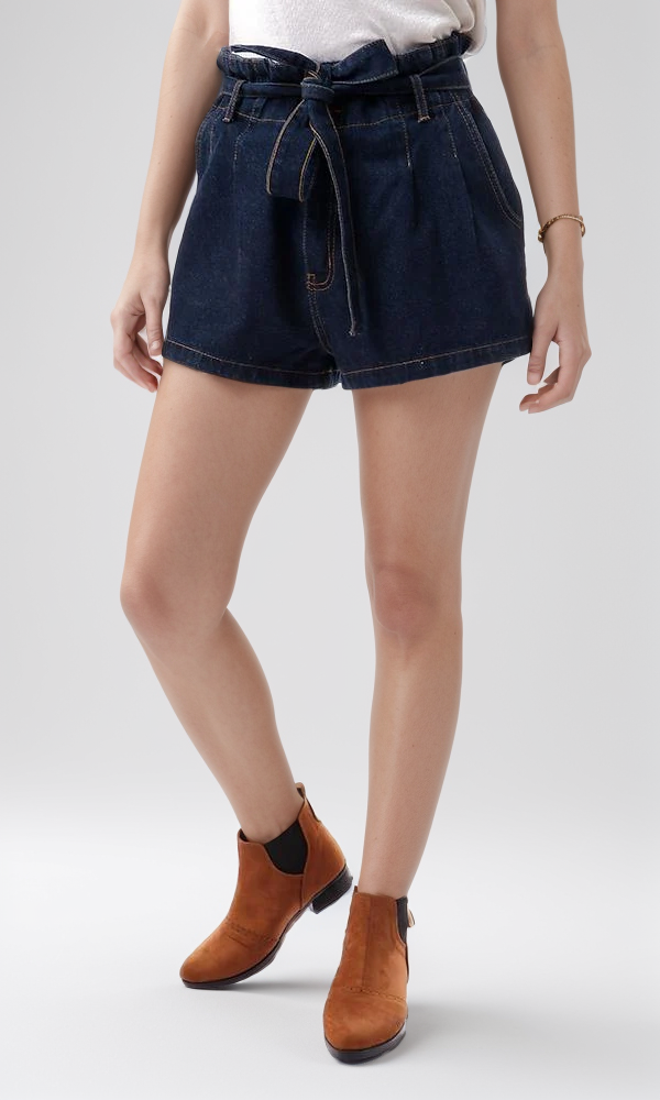 56610 Paperbag Waist With Belt Navy Blue Denim Shorts