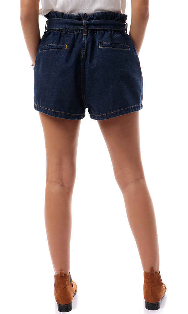 56610 Paperbag Waist With Belt Navy Blue Denim Shorts