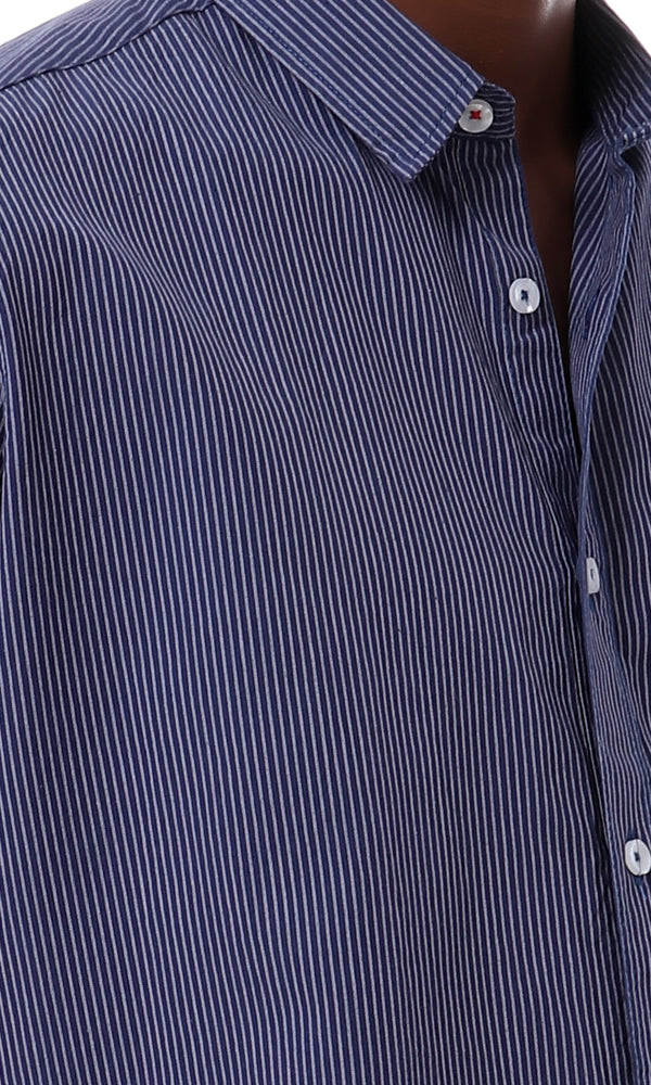 56885 Thin Striped Short Sleeves Buttoned Shirt - Navy Blue & Grey
