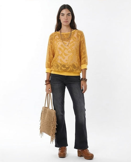 Ravin Women’s Sheer Flocked Mesh Top with Ribbed Trim – Yellow - 57059