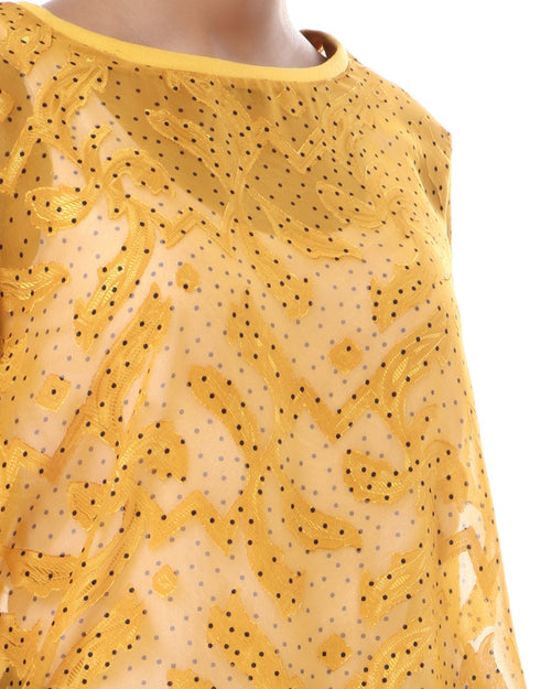 Ravin Women’s Sheer Flocked Mesh Top with Ribbed Trim – Yellow - 57059