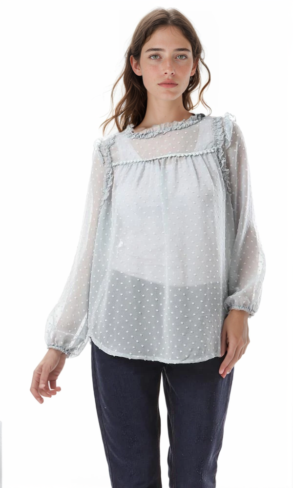 57074 Ruffle Neck Zipped Back Mint Green Sheer Blouse