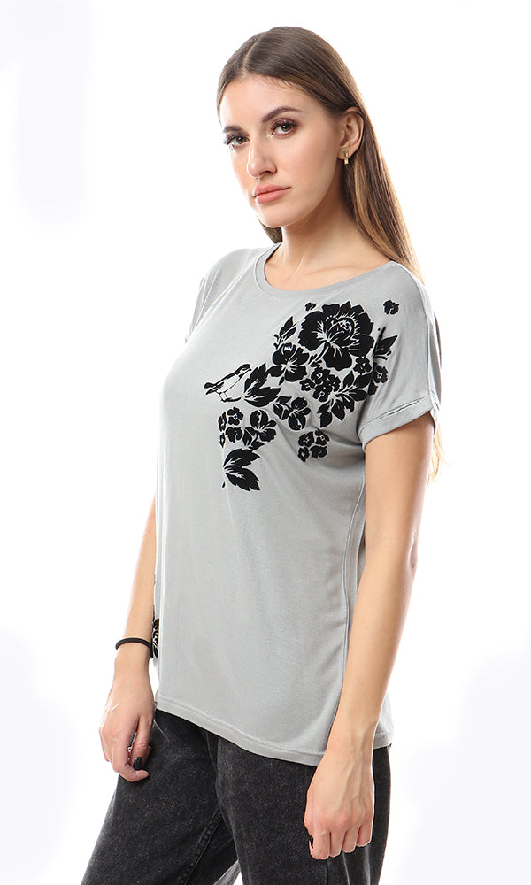 57181 Black Printing Casual Round Loose Grey Tee