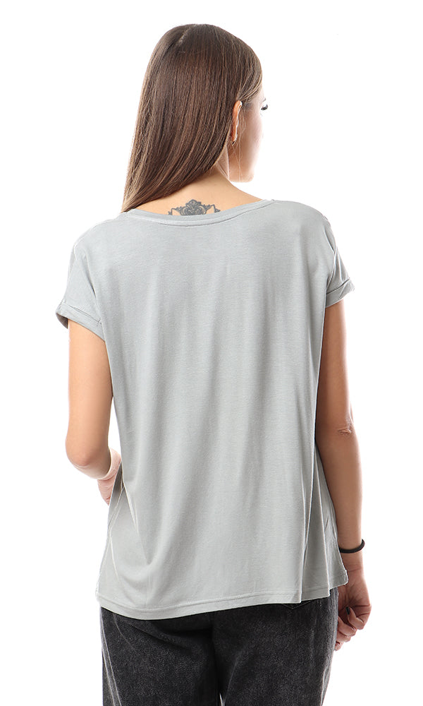 57181 Black Printing Casual Round Loose Grey Tee