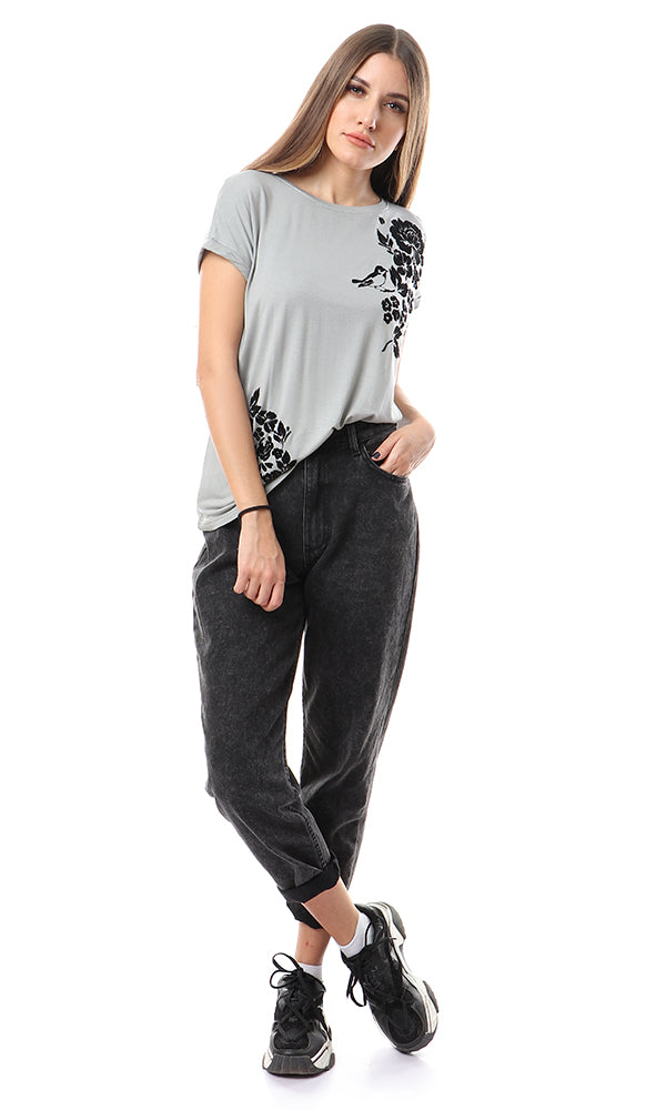 57181 Black Printing Casual Round Loose Grey Tee