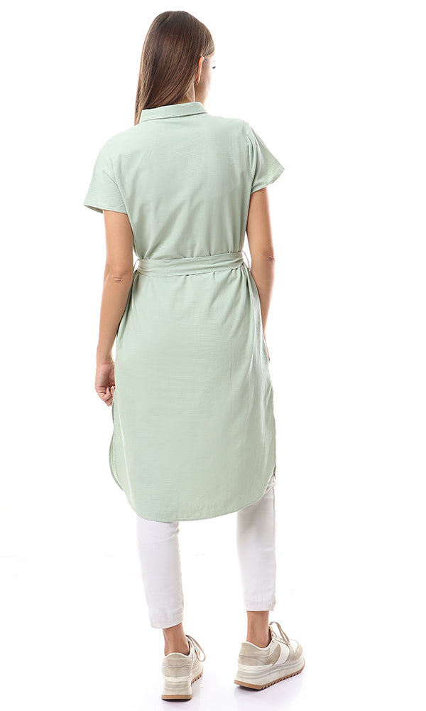 57258 Self Horizontal Stripe Side Slitted Mint Green Long Shirt