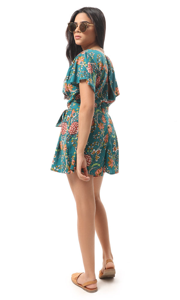 57310 Floral Patterned Short Sleeves Romper With Lace Up