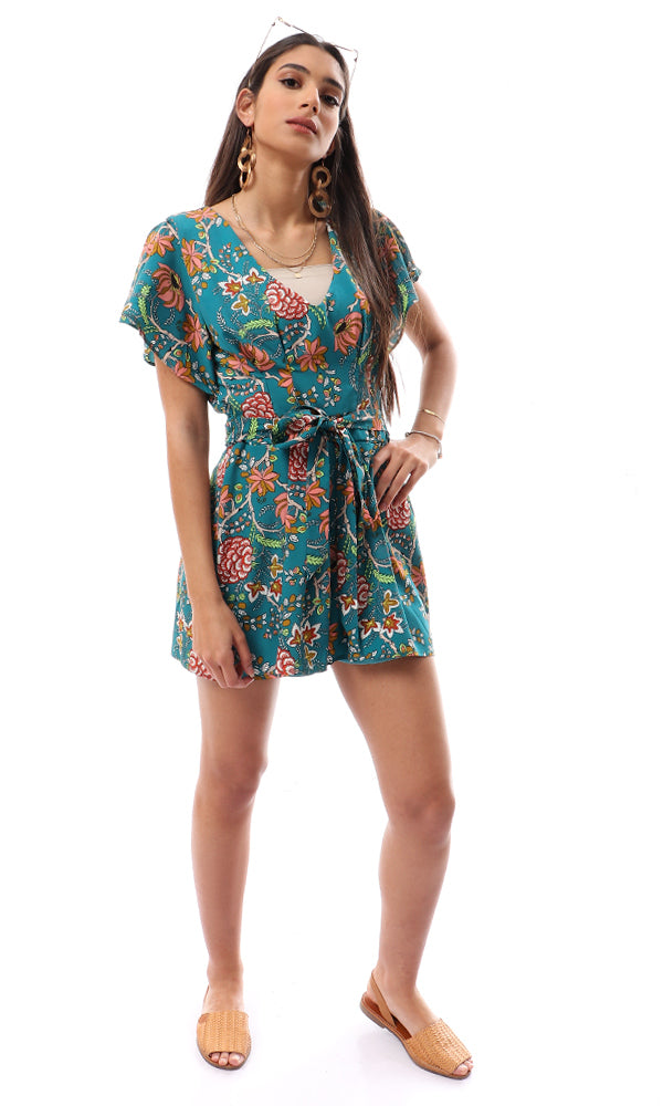 57310 Floral Patterned Short Sleeves Romper With Lace Up