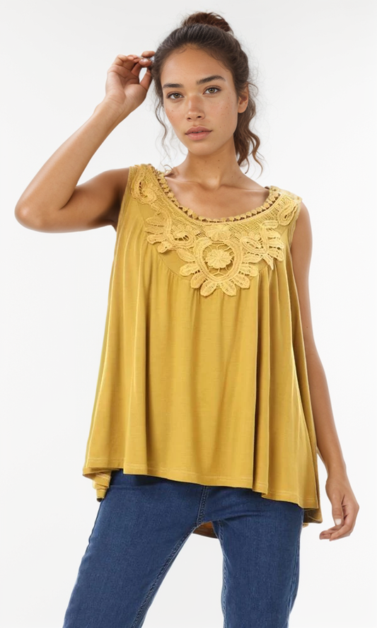 57638 Crochet Sleeveless Crew Neck Top - Golden Rod