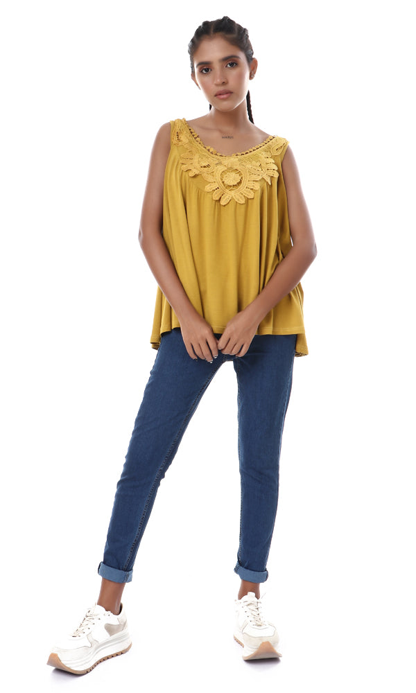 57638 Crochet Sleeveless Crew Neck Top - Golden Rod