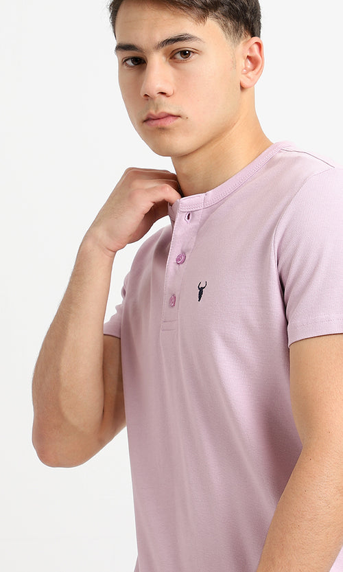 94639 Short Sleeves Lavender Buttoned Henley Shirt