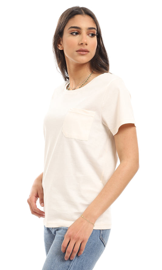 94644 Casual Round Neck T-Shirt With Side Pocket - Cream