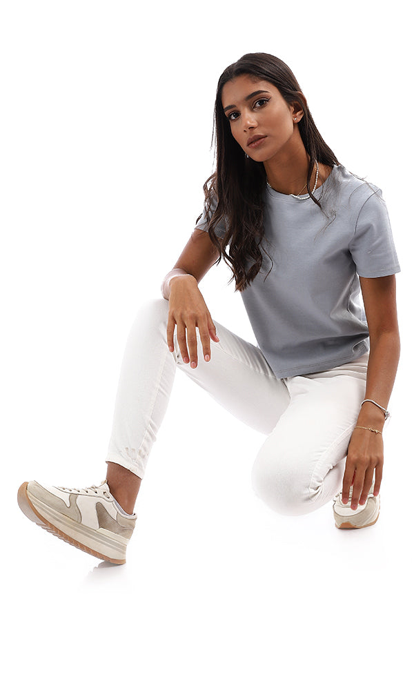 Essential Greyish Blue Slim Fit Crew-Neck Tee - 94708