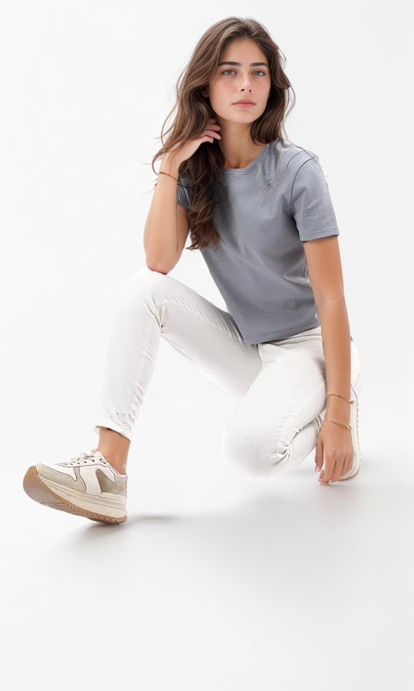 Essential Greyish Blue Slim Fit Crew-Neck Tee - 94708