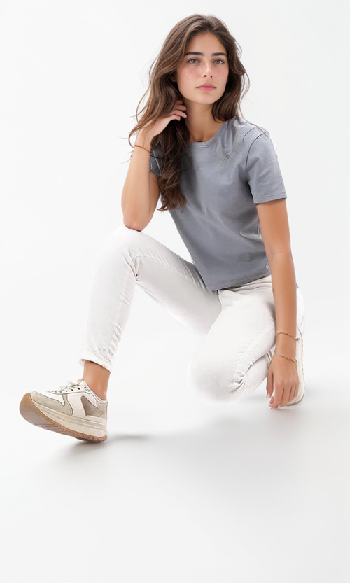 Essential Greyish Blue Slim Fit Crew-Neck Tee - 94708