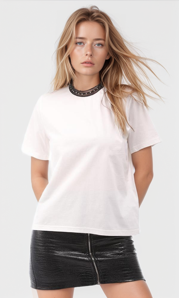 White Mesh Detail Regular Fit Jersey Tee - 94759