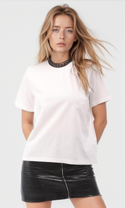 White Mesh Detail Regular Fit Jersey Tee - 94759