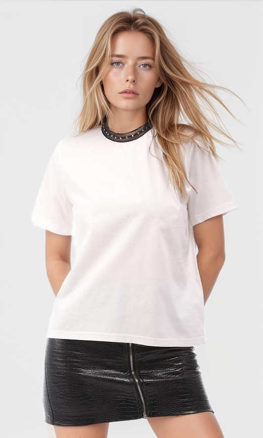 94759 Mesh Mock Neck Plain T-Shirt - White