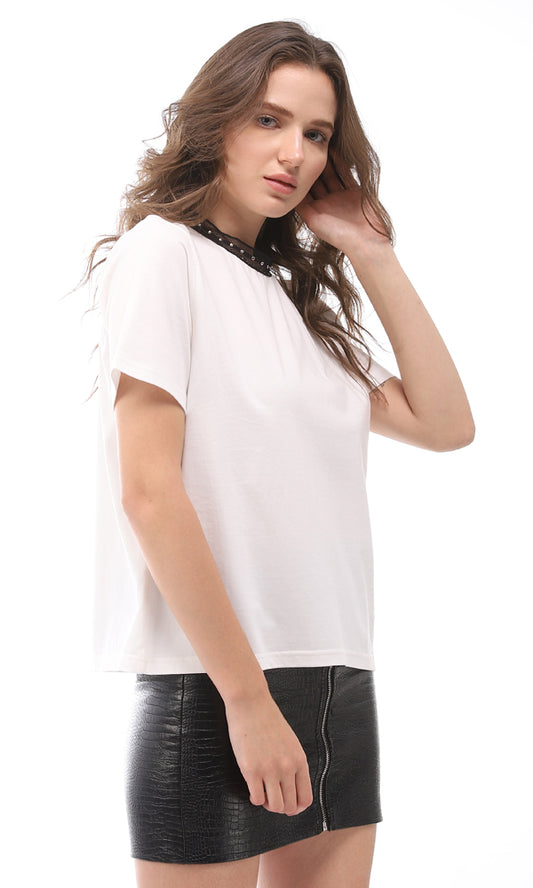 94759 Mesh Mock Neck Plain T-Shirt - White