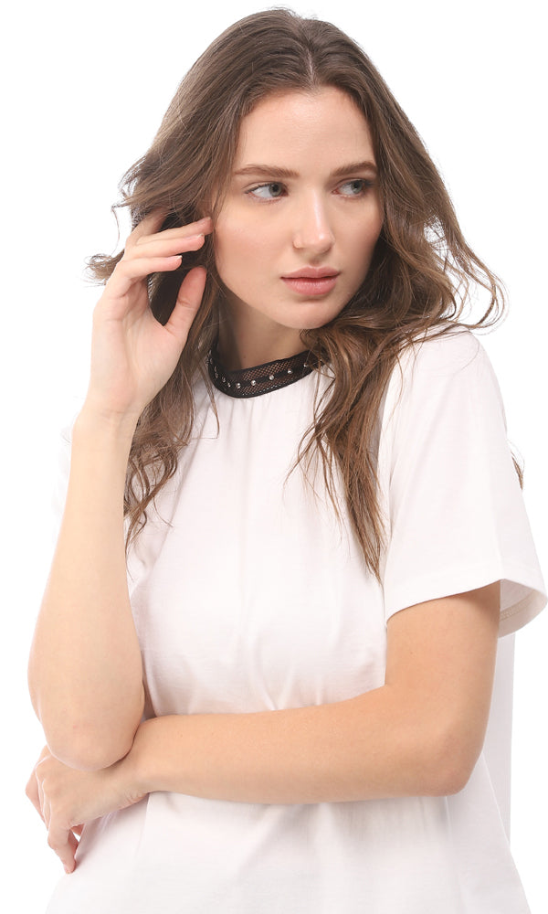 White Mesh Detail Regular Fit Jersey Tee - 94759