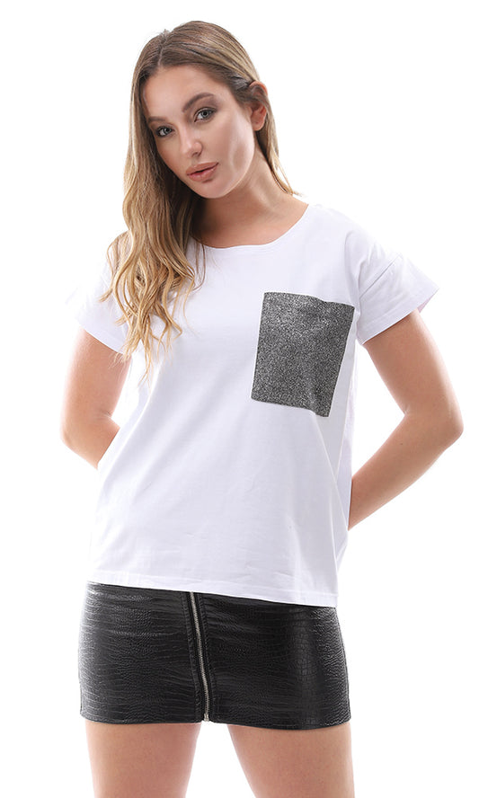 94765 Front Patched Glittery Pocket Short Sleeve White Tee