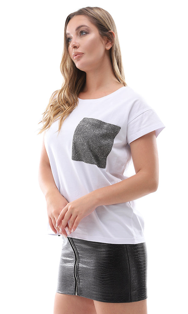 94765 Front Patched Glittery Pocket Short Sleeve White Tee