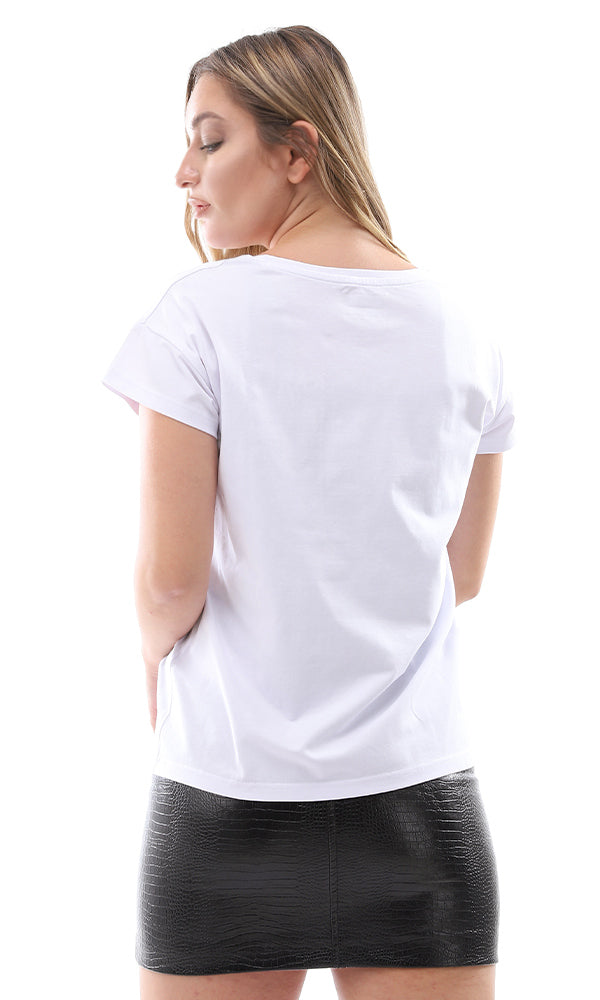 94765 Front Patched Glittery Pocket Short Sleeve White Tee