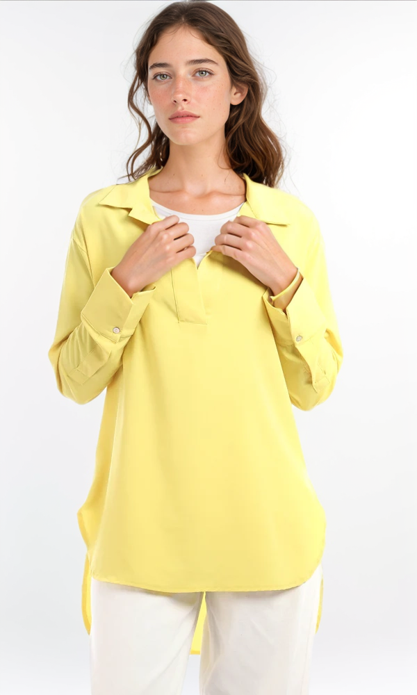 94818 Rayon Classic Collar Plain Blouse - Lime Yellow