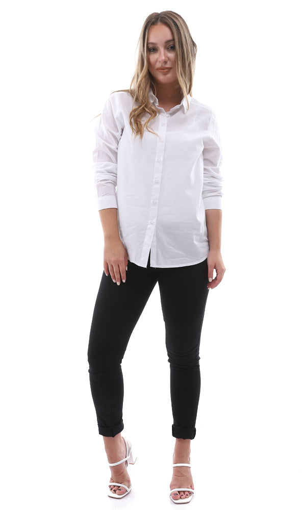 94841 Basic Solid Long Sleeves White Cotton Shirt