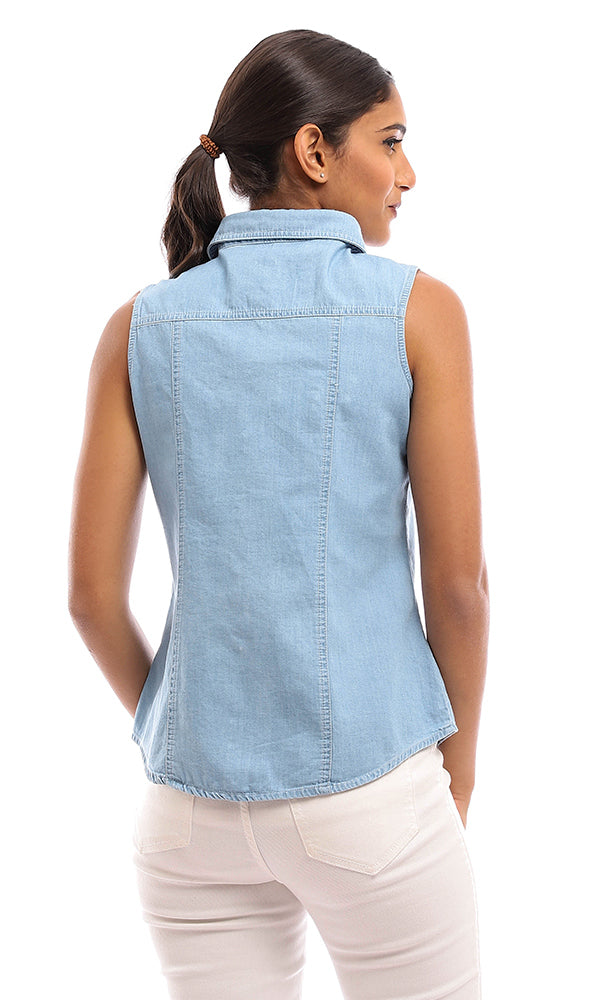 94846 Stitched Shoulder Sleeveless Denim Shirt - Light Blue