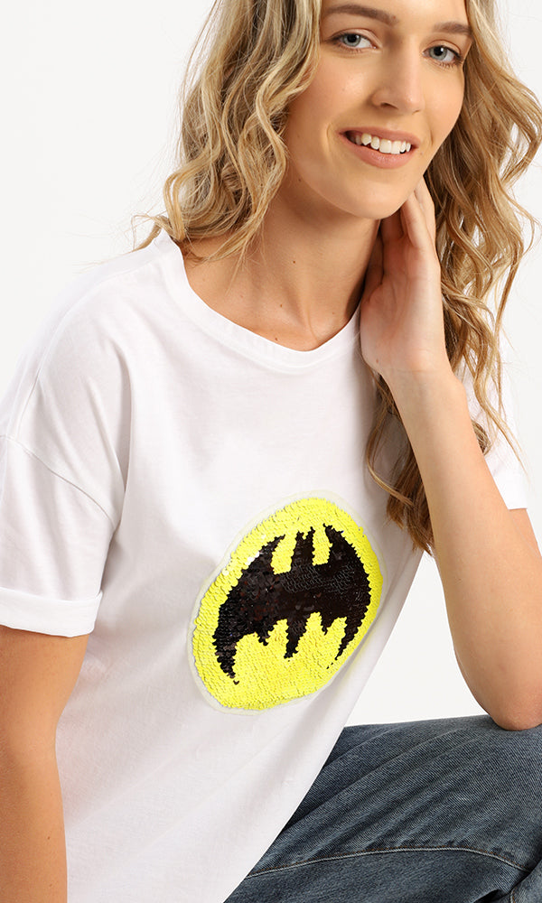 94964 Sequins Batman Short Sleeves White Tee