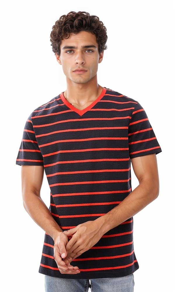 Striped V-Neck Standard Fit T-Shirt - Navy & Red - 94970