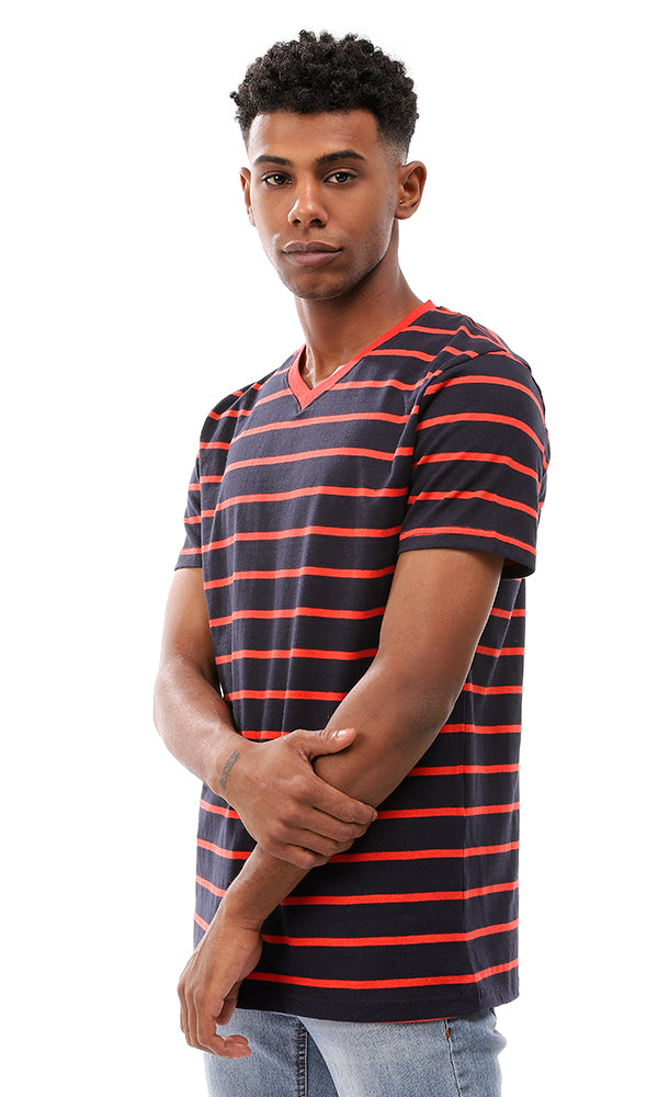 Striped V-Neck Standard Fit T-Shirt - Navy & Red - 94970